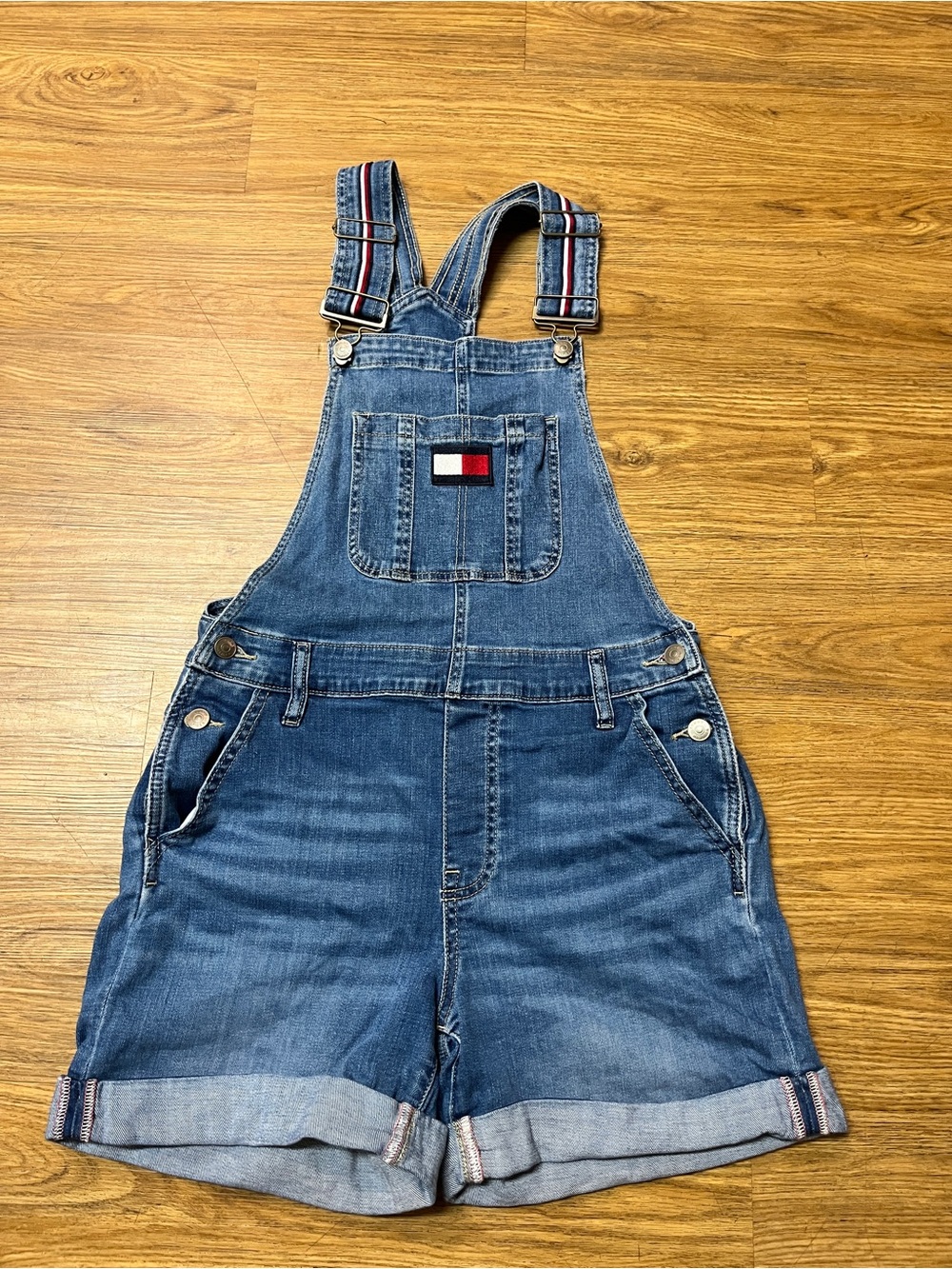 Tommy Hilfiger Vintage Style Denim Short Overalls Flag Logo Striped Straps Size